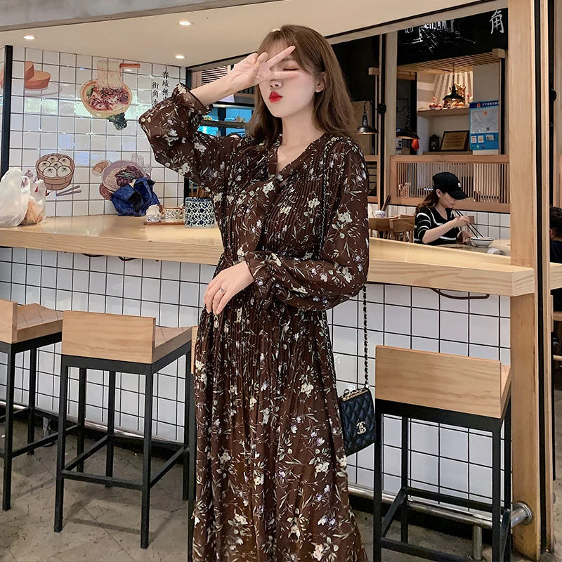 Женское шифоновое платье в винтажном стиле с цветочным принтом длинным рукавом