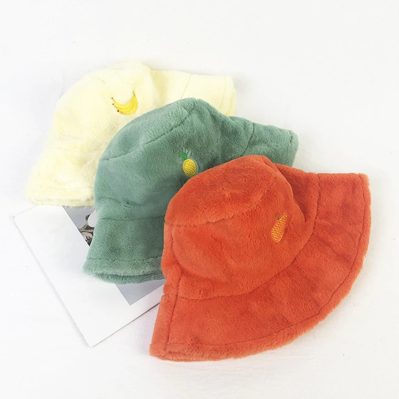 YSYX 2020 New Autumn Winter Bucket Hats Female Fruit Embroidery Bucket Hats Plush Warm Basin Cap's Velvet Fisherman Cap's YS:077