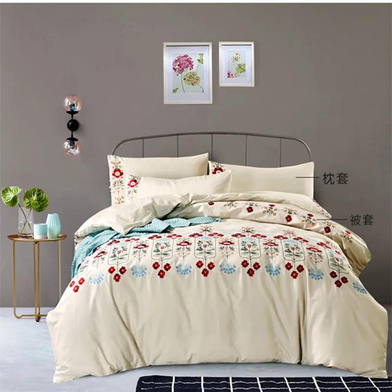 Комплект постельного белья из чистого хлопка с вышивкой и цветами сливы в