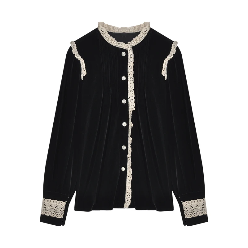 

French Style Retro Design of Blouse Women Black Lace Stitched Velvet Long Sleeve Blouse Top New Style In Autumn and Winter