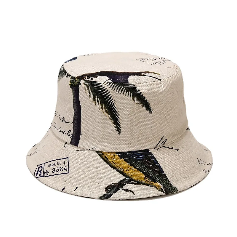 Coconut Tree Bird Embroidery Bucket Hat Men Women Fashion Fisherman Hat Beach Sun Hats Bob Femme Panama Hat Basin Caps