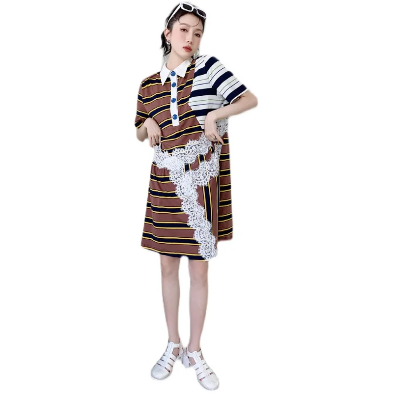 

SuperAen Turn-down Collar Striped Lace Shirt Dress Summer Stitching Contrast Color Loose Dress Big Swing 2021 Summer Dress