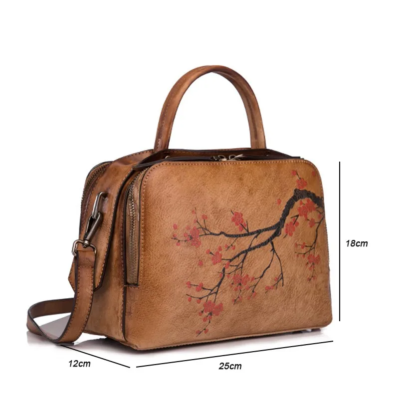 

Bestform 2021 New Retro Genuine Leather Handbag Women Bag Hand Painted Plum Flower Shoulder Bags Leisure Cowhide Lady Totes