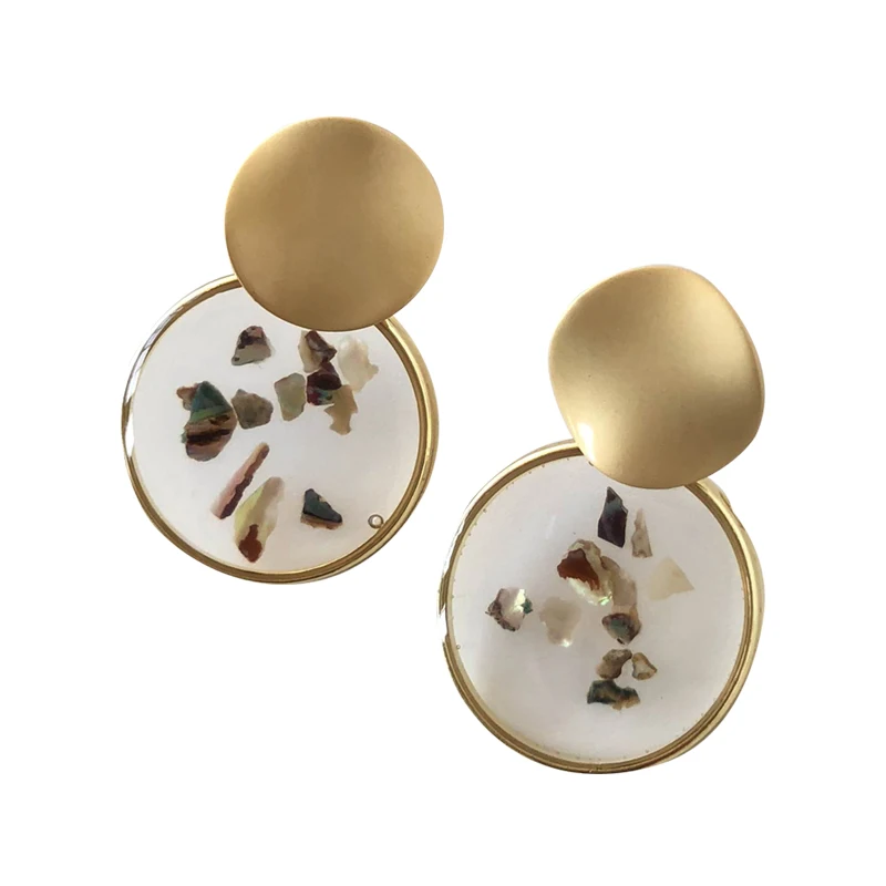 

Korean Ins Temperament Retro Exquisite round Shell Smashing Device Wafer Translucent Resin Frosty Style Earrings Female