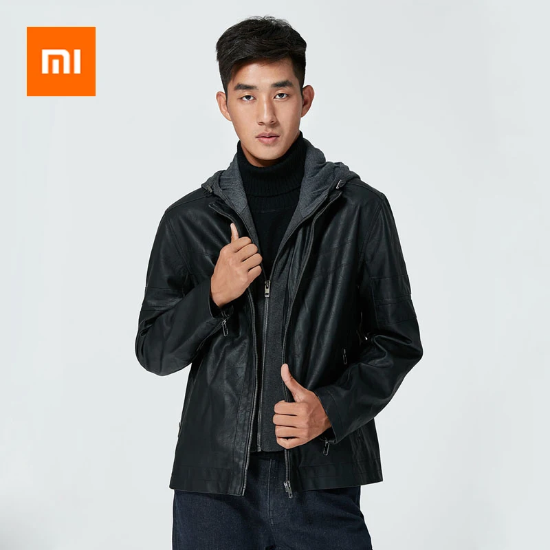 2019 Xiaomi PU Leather Men Jacket Hooded Detachable Trendy Motorcycle Windproof Warm Street Style Fashion Coat | Электроника