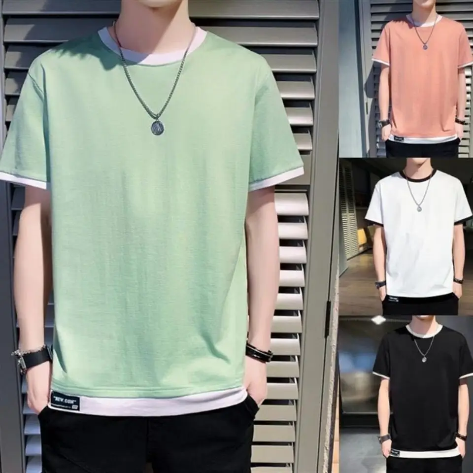 

Two short sleeve men's solid Korean T-shirt student loose trend men's top 5-sleeve