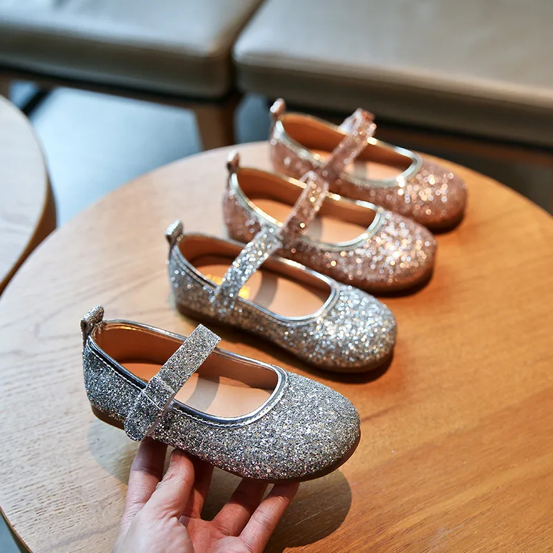 Mumoresip Glitter Leather Girls Shoes Bling Kids Casual Flats Silver Gold Color Children's For Toddlers Wedding Princess | Детская