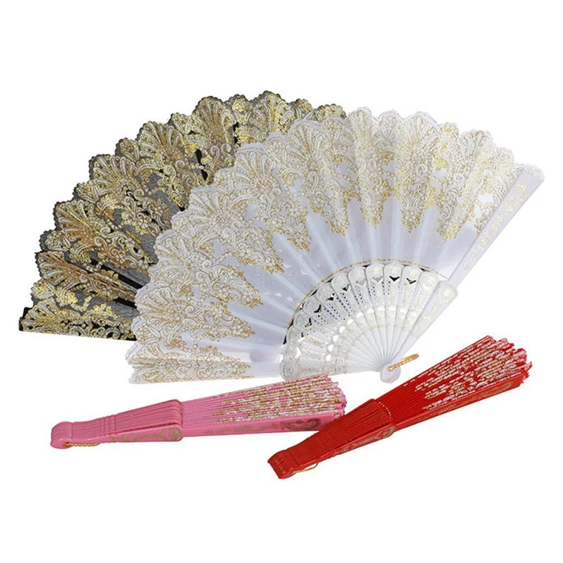 

Chinese Antique Bronzing Fan Chinese Style Decoration Dance Wedding Party Lace Folding Hand-held Flower Fan To Give Gifts
