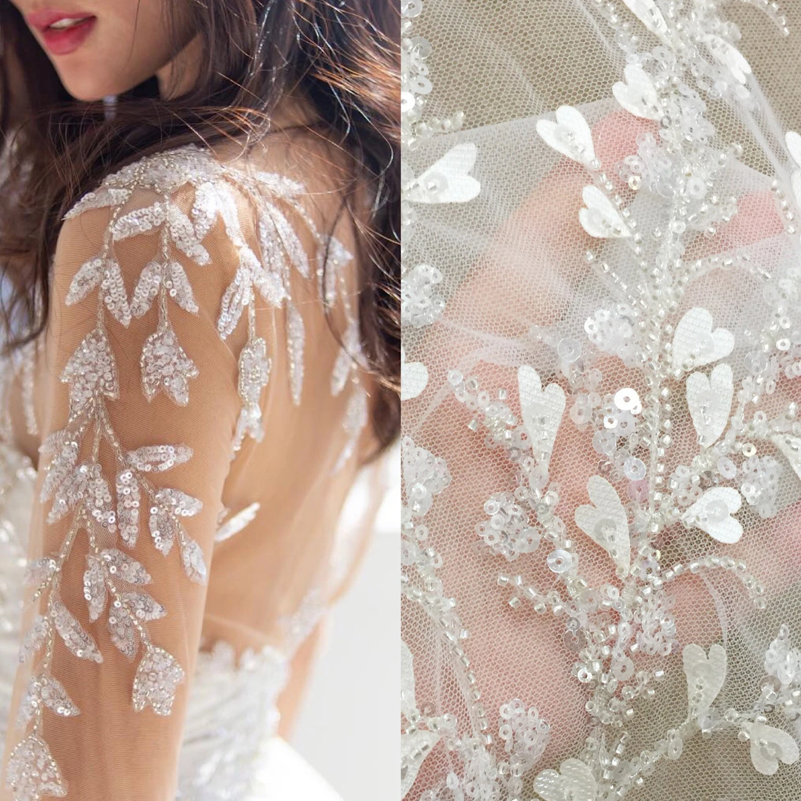 

2021 new arrival designs, 1 yard price Luxury heavy beading tulle lace fabric ivory color for wedding dress, bride gowns