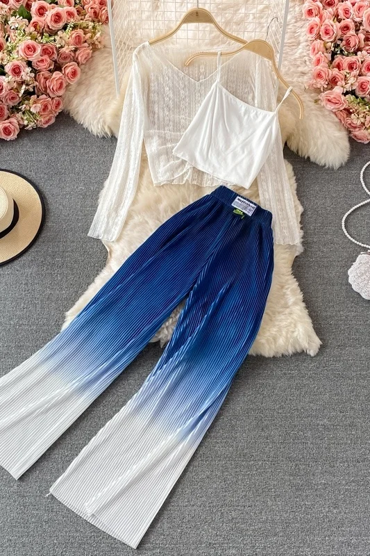 

Casual Pants Sets Women's V-neck Lace Top + Gradient Color High Waist Loose Straight Wide Leg Long Pants Girls 3 Piece Pants Set
