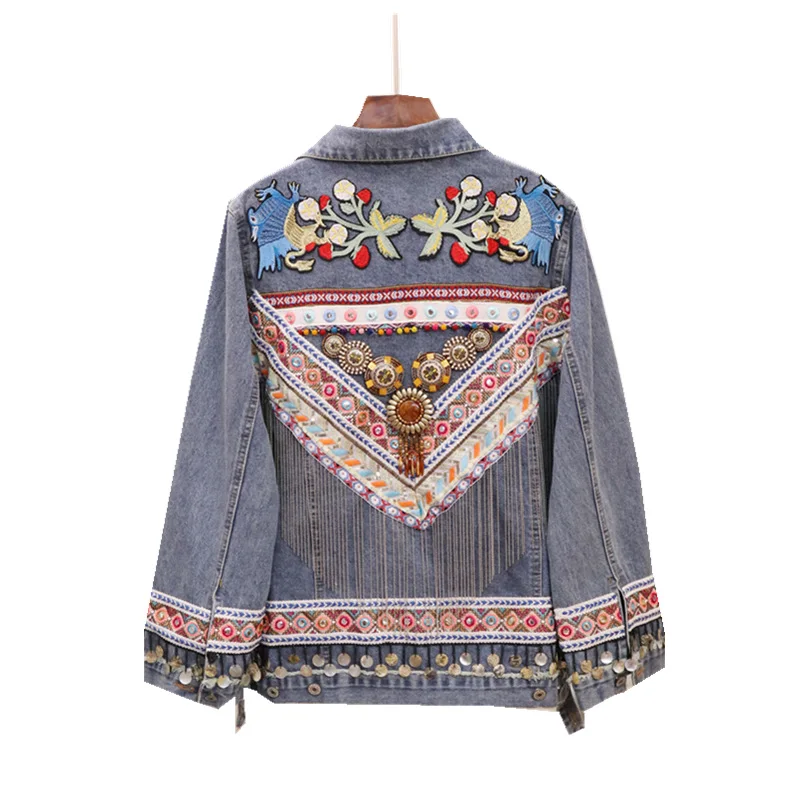 Boho Бисероплетение Янтарная джинсовая куртка с вышивкой Женская шикарная с длинным рукавом винтажная птица вышивка карман куртка осень зима