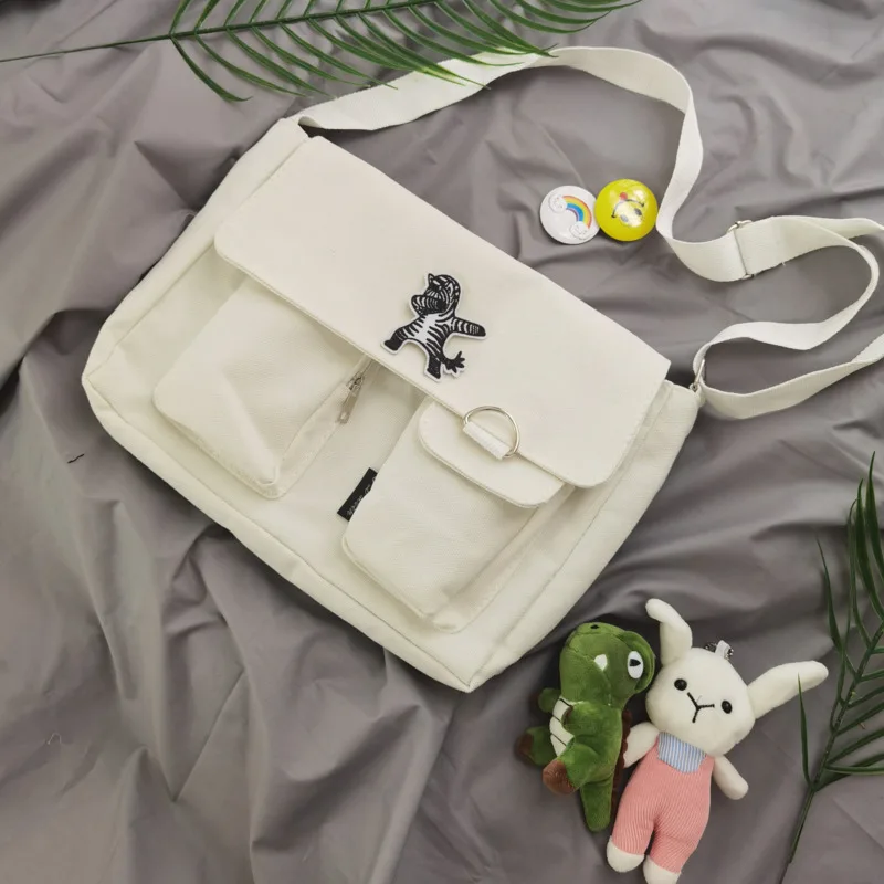 

Large-capacity Package Canvas Embroidery Animal School Bag Messenger Bag Women's Original Shop Bag One Shoulder Tooling Bag