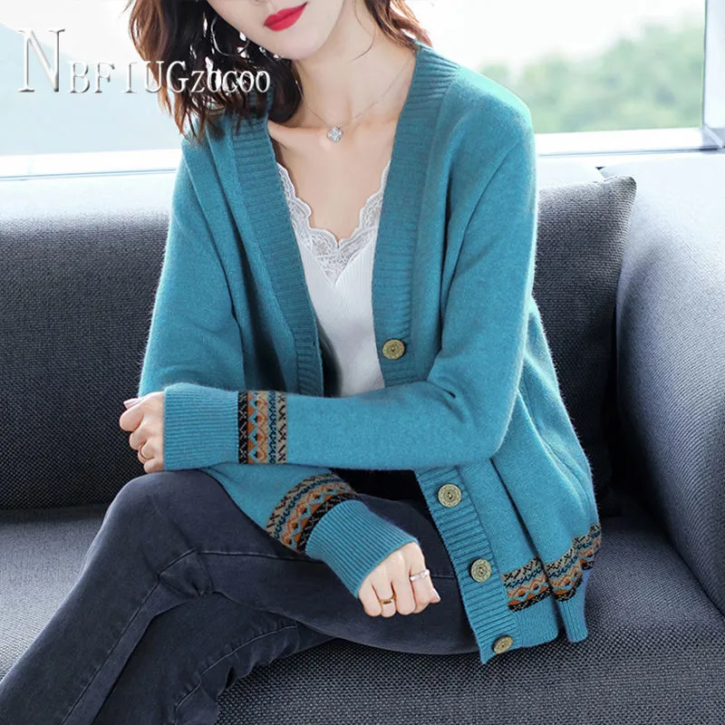 

2020 New Spring V Neck Long Sleeve Women Sweater Single Breasted Ethnic Female Sweaters