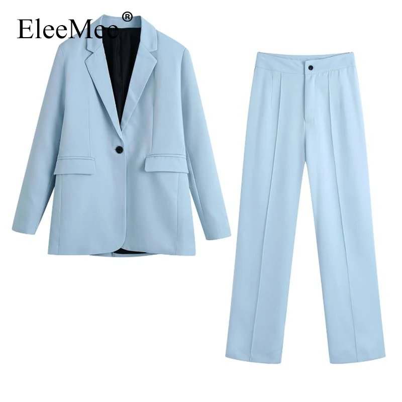 Женский офисный костюм двойка EleeMee прямой пиджак с карманами и длинным рукавом