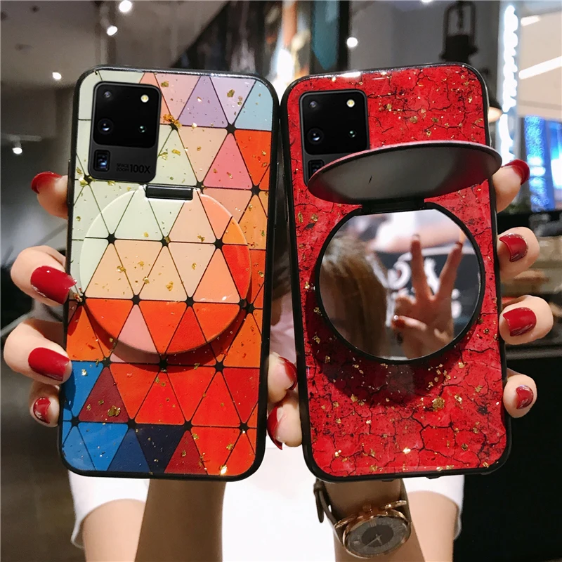 Mirror Bracket Phone Cases Glossy Drop Glue Marble Cover for Samsung Galaxy S20 S9 S8 S10 Plus Note 10 8 9 Case |