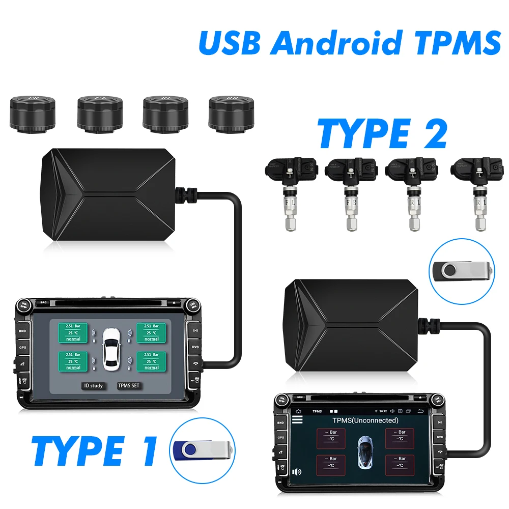 USB Android TPMS система контроля давления в шинах Дисплей Сигнализация 5 в внутренние датчики Android навигация Автомагнитола 4 датчика
