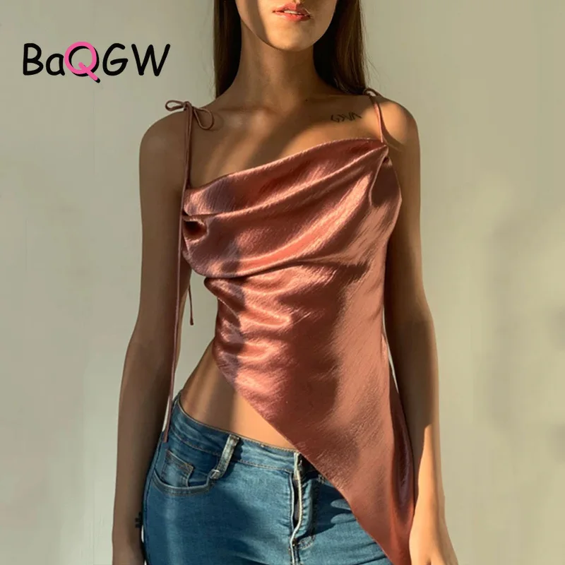 

BaQGW Sexy Women Stain Cami Summer Irregular Backless Camisole Ruched Tank Tops Elegant Party Streetwear Women Slim Crop Tops