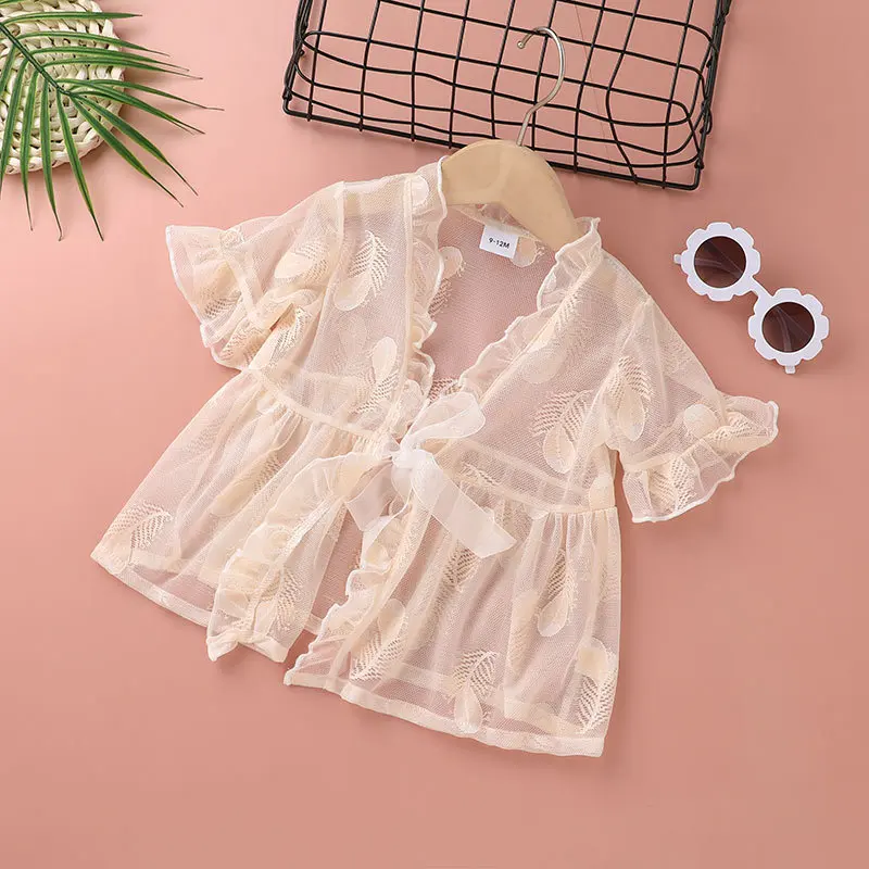 

2021 New Arrivals Summer Children Casual Short Sleeve Print Mesh Transparent Cute Baby Girls Coat 0-2T