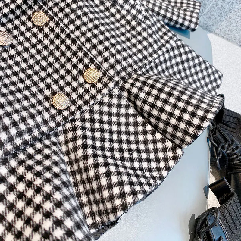 Зима 2021 шерстяное пальто для девочек корейский стиль детское клетчатое платье