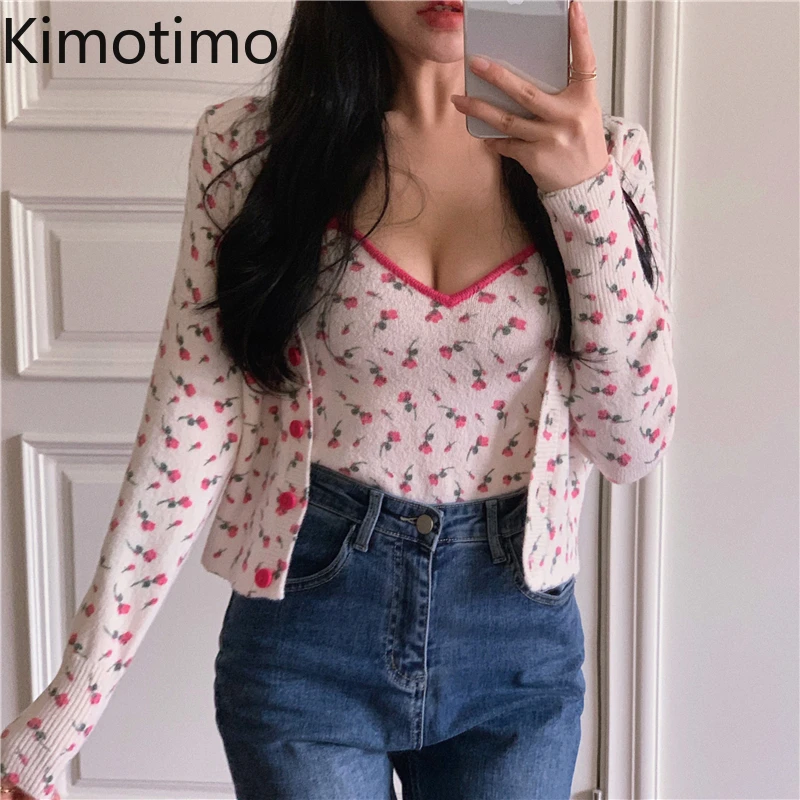 

Kimotimo Women Print Tops Korean Chic Autumn Winter Sexy Sweet V-neck Vest + Floral Long-sleeved Cropped Cardigan Two Piece Sets