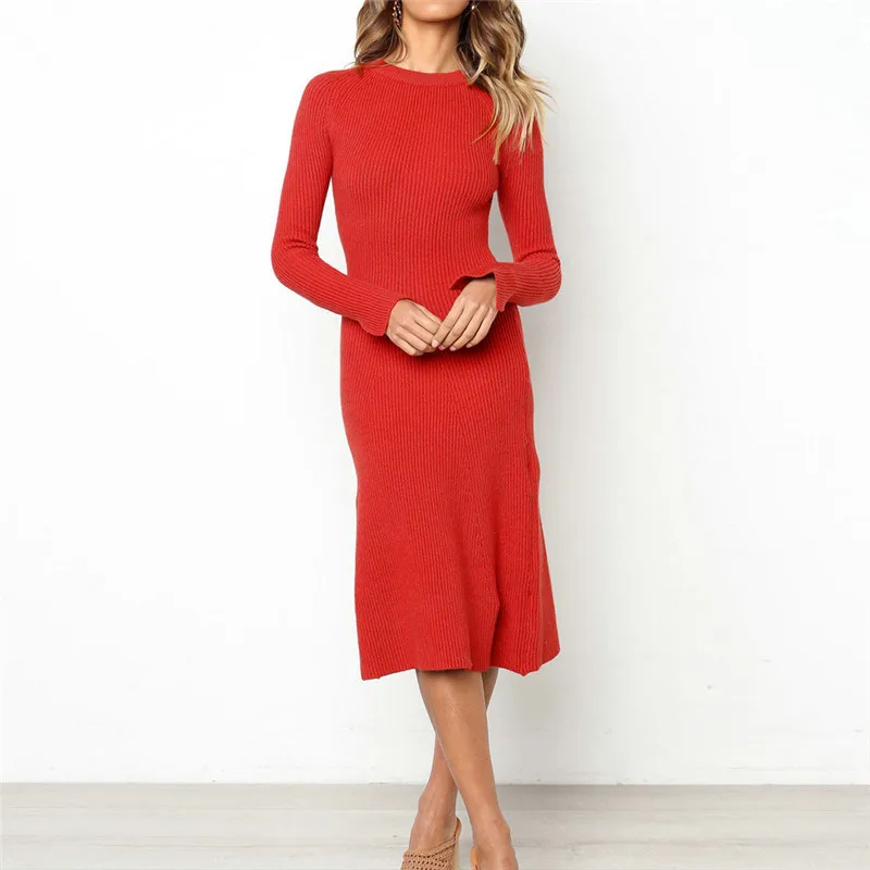 Весенне осеннее трикотажное платье женское с длинным рукавом и круглым вырезом