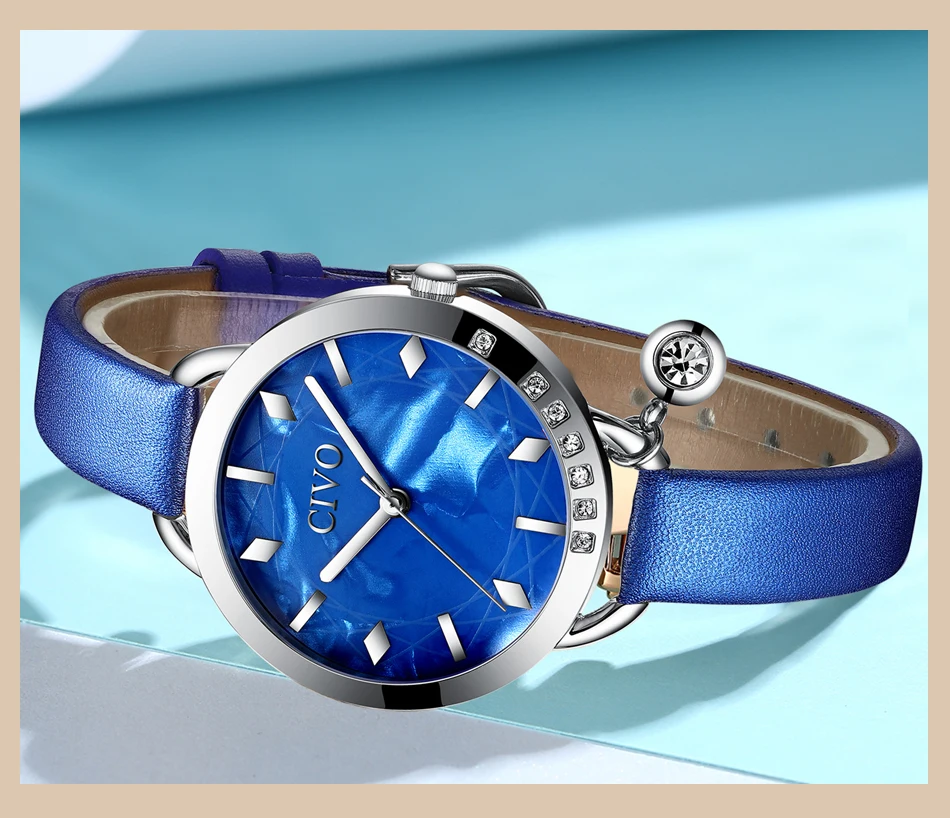 Relogio feminino CIVO модный синий кожаный ремешок женские наручные часы Роскошные Кристальные водонепроницаемые повседневные часы женские подарочные часы