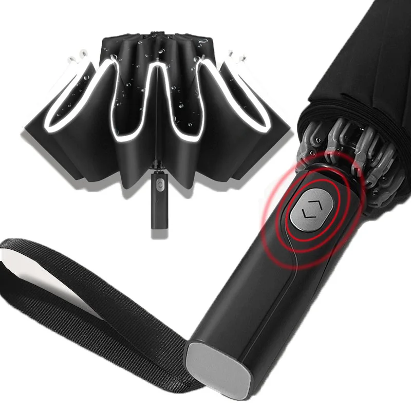 

Windproof Reverse Automatic 3Folding Umbrella Rain For Men Women 10 Ribs Reflective Stripe Portable Female Umbrella Male Parasol