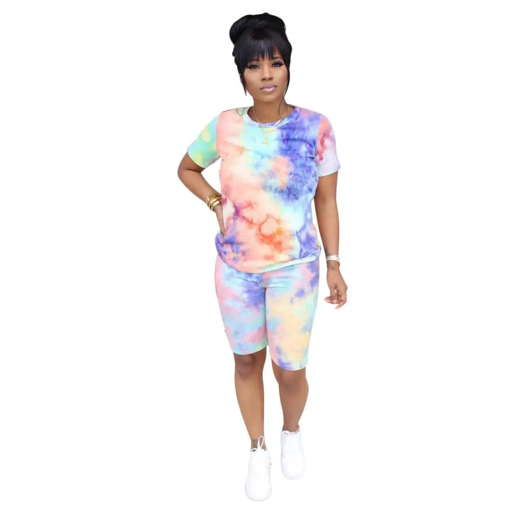 

Tie Dye Print Two Piece Set Women Clothes Tops T Shirt Biker Shorts Lounge Set Outfits For Women Sweat Suits Chandal Mujer