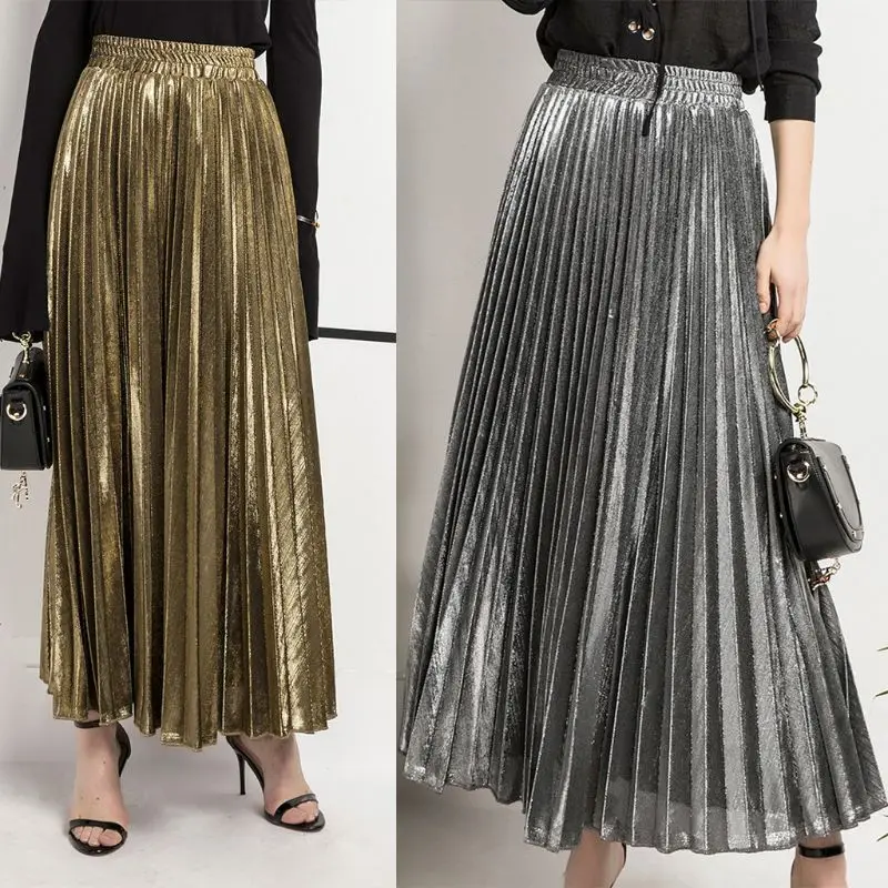 Женская Премиум металлический блеск плиссированные макси длинная юбка с высокой