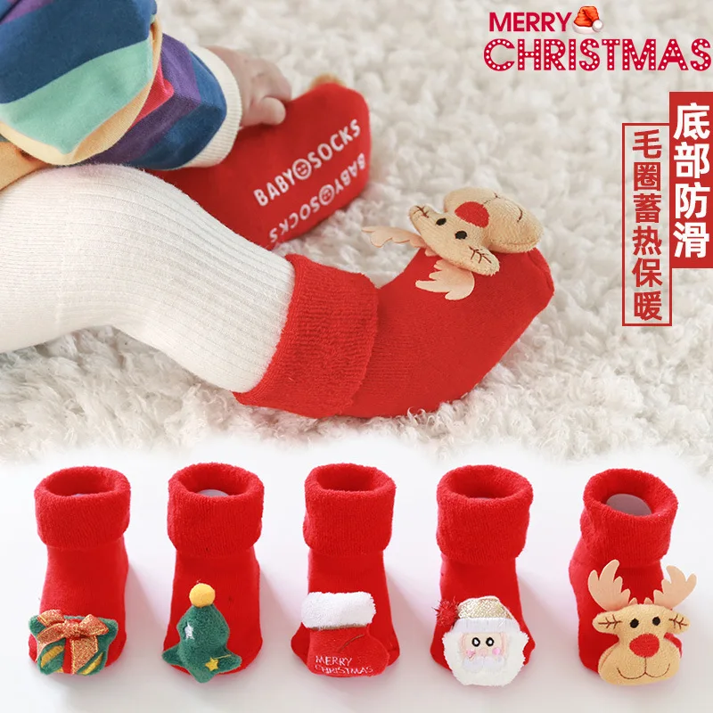 

Winter Baby Infant Socks Christmas Thick Warm Floor Socks Newborn Cartoon Design Knee High Non-slip Stockings For Children
