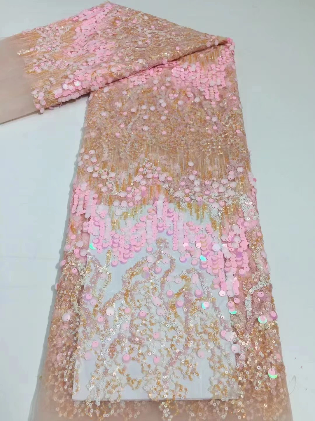 

NEW fashion design good quality mesh lace fabric with sequins 5yards african net tulle lace fabric for wedding DP6093