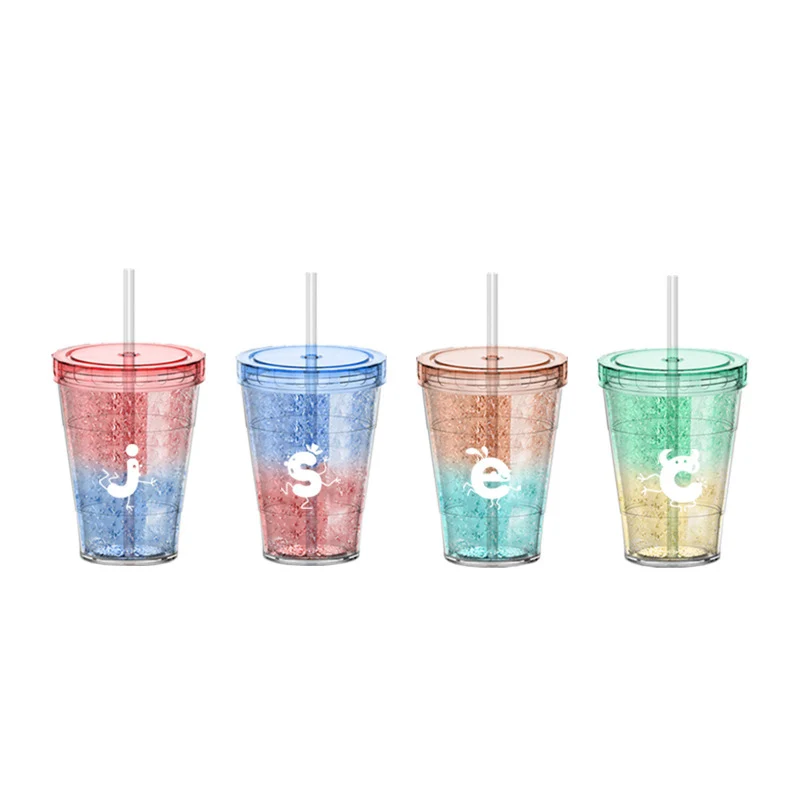 

410ml Iced Plastic Cup With Straw Double-walled Ice Cold Drink Coffee Tea Cup Travel Reusable Juice Cup Summer Drinking Bottle