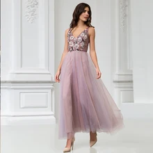 2022 nova tule vestidos de baile mangas boné tornozelo comprimento formal vestido de festa para a mulher com flores robe de soriee sem mangas uma linha (3)