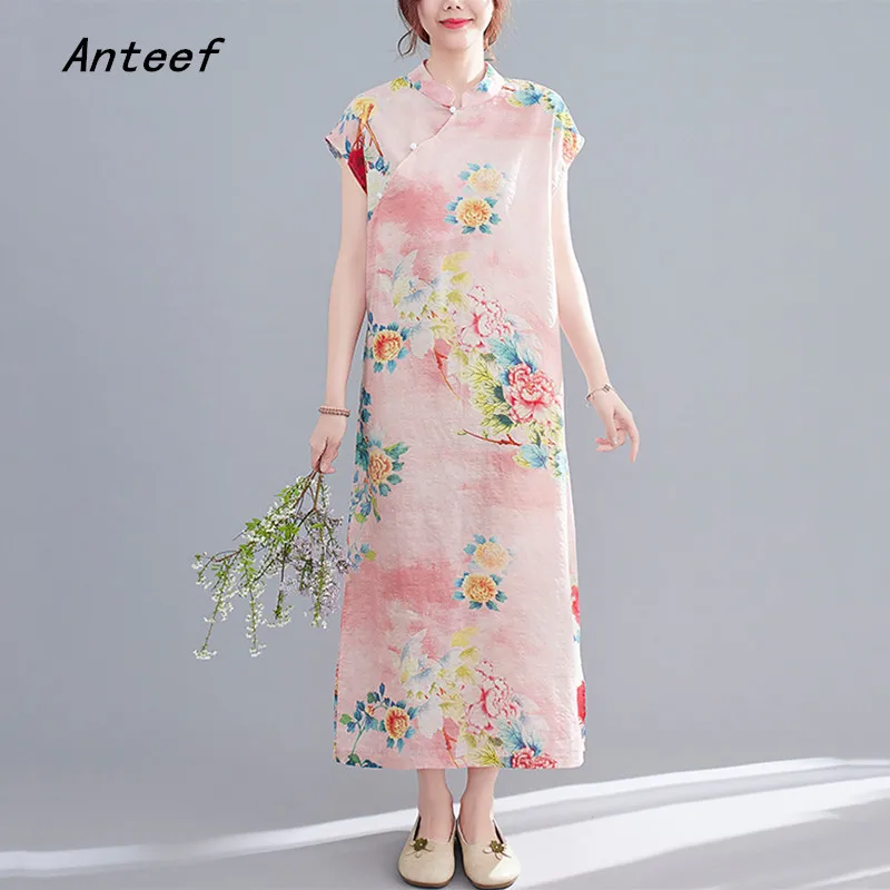 

short sleeve cotton vintage floral dresses for women casual loose long woman summer dress elegant clothes 2021