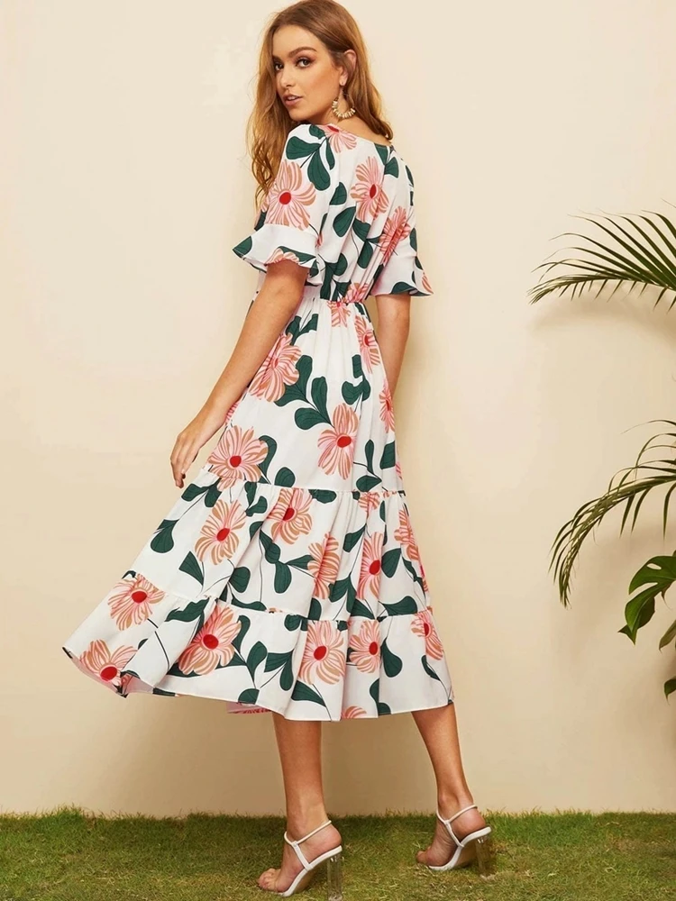 

Flower Print Dress Women Elegant 2021 Summer New Boho Style Long Dresses Flare Short Sleeve Plus Size Holiday Beach Wear Chiffon