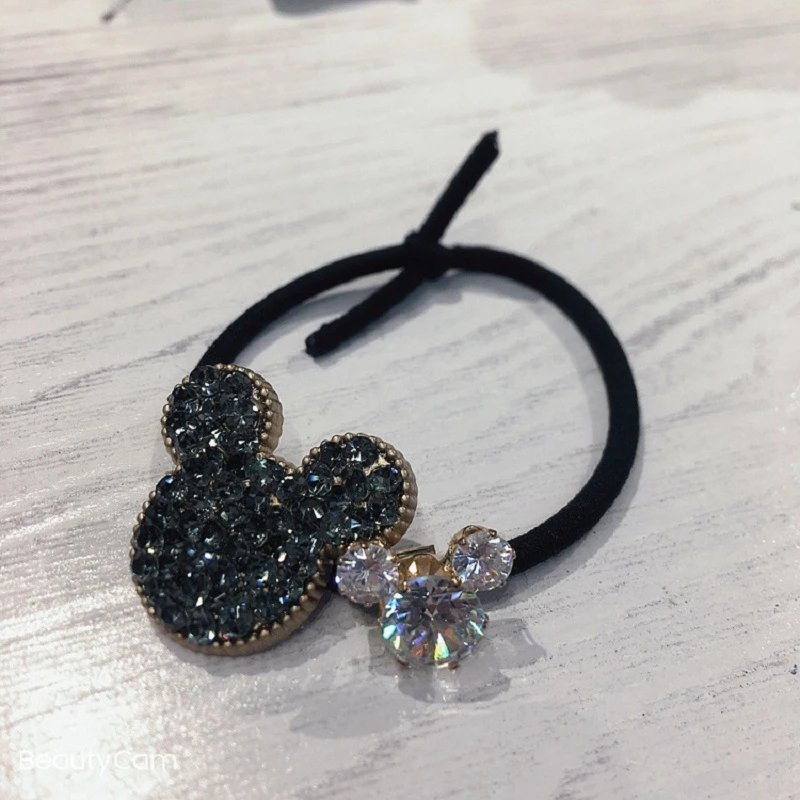 Disney Mickey Head Rope Korean Luxury High Quality Rhinestone Crystal Rubber Band Hair Tie Fairy Ring Doll Accessories Girl |