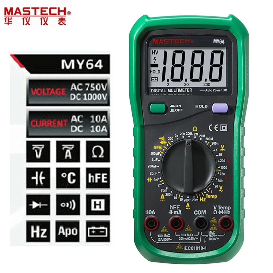 MASTECH MY64 Цифровой мультиметр Емкость измеритель температуры hFE Тест er с AC/DC Напряжение Ток Сопротивление Емкость тест