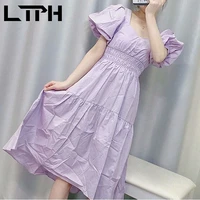 LTPH Fashion Sweet purple V-Neck Lantern sleeve women dress long big swing High waist vintage elegant dresses 2021 Spring New
