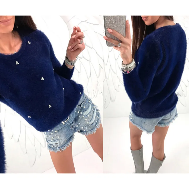 

Autumn Winter Sweater Women Fashion Faux Pearl Beading Solid Color Sweaters Plush Long Sleeve Pullover Warm Sweater Pull Femme