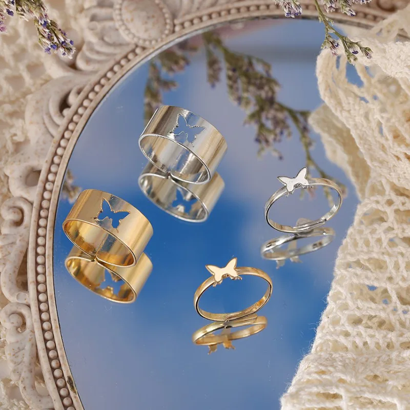 

2021 Trendy Gold Butterfly Rings for Women Men Lover Couple Rings Set Friendship Engagement Wedding Open Rings Jewelry