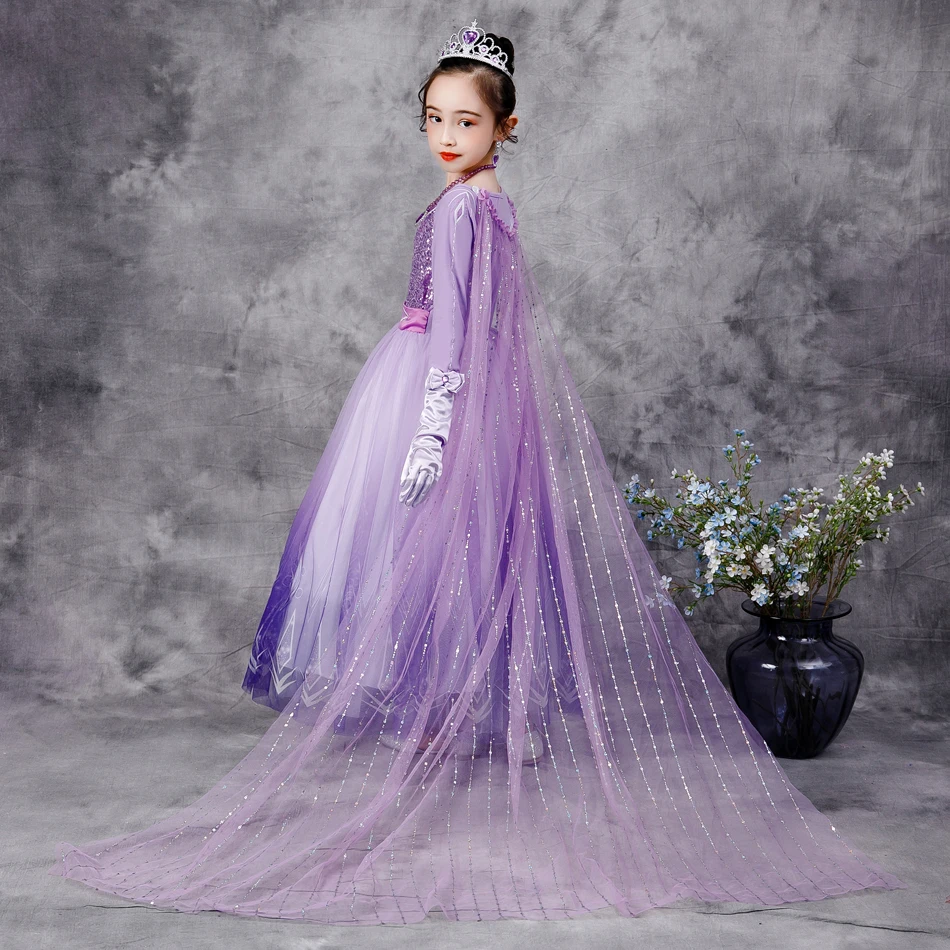 Frozen Elsa Dress Snow Queen 2 Girls Princess Dress Purple Long Sleeve Christmas Carnival Kids Cosplay Costume Wedding Dress