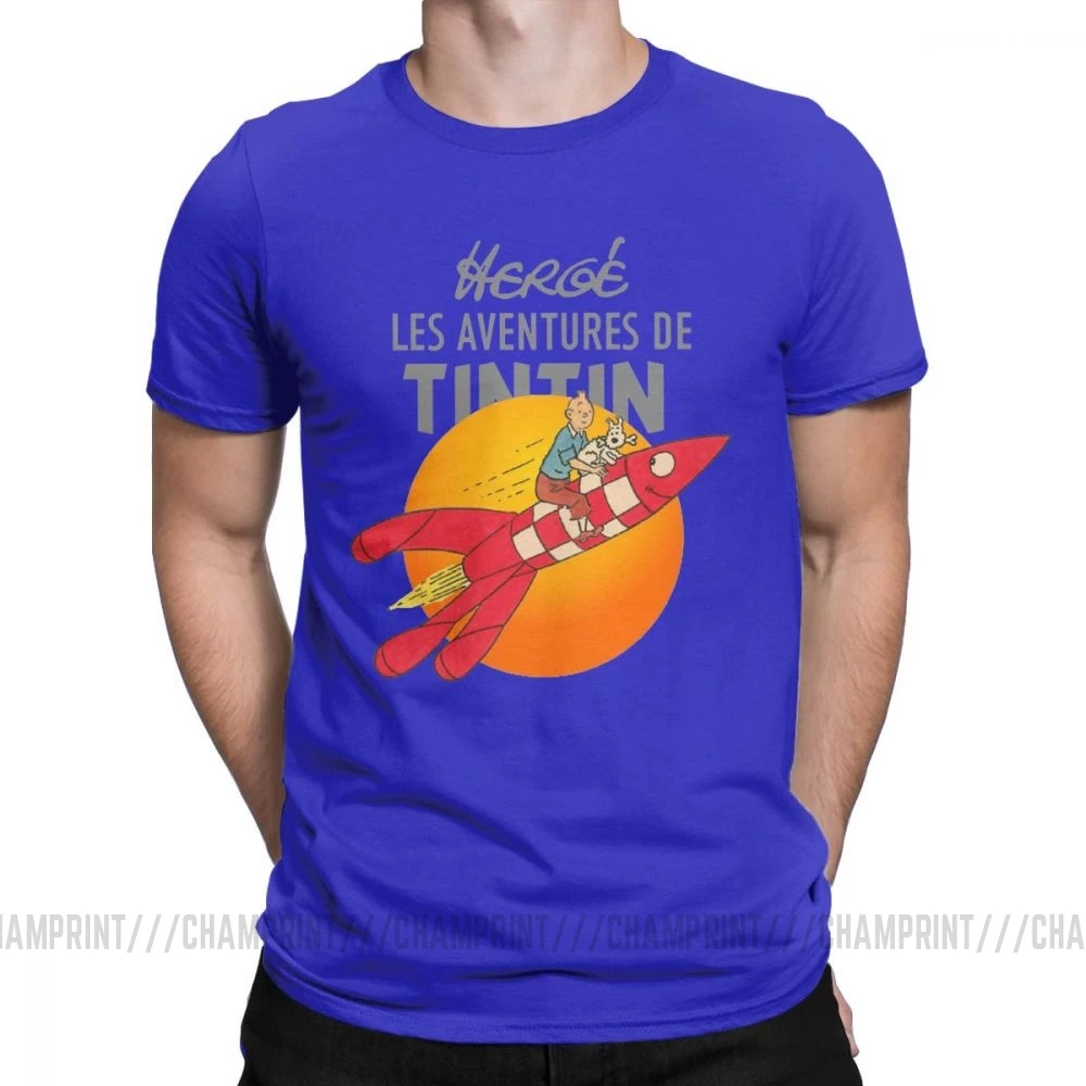 Мужские футболки TINTIN The adventures Of Tintin винтажные хлопковые футболки с коротким рукавом Одежда с вырезом лодочкой топы размера плюс - Цвет: Синий