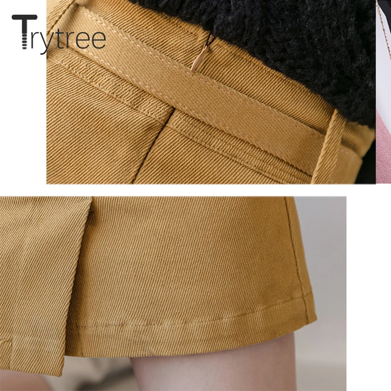 Trytree Autumn Women Casual Empire Short Skirt 5 Colour A-line Fashion Elegant Pockets Button Belt Mini Office Lady Short Skirt