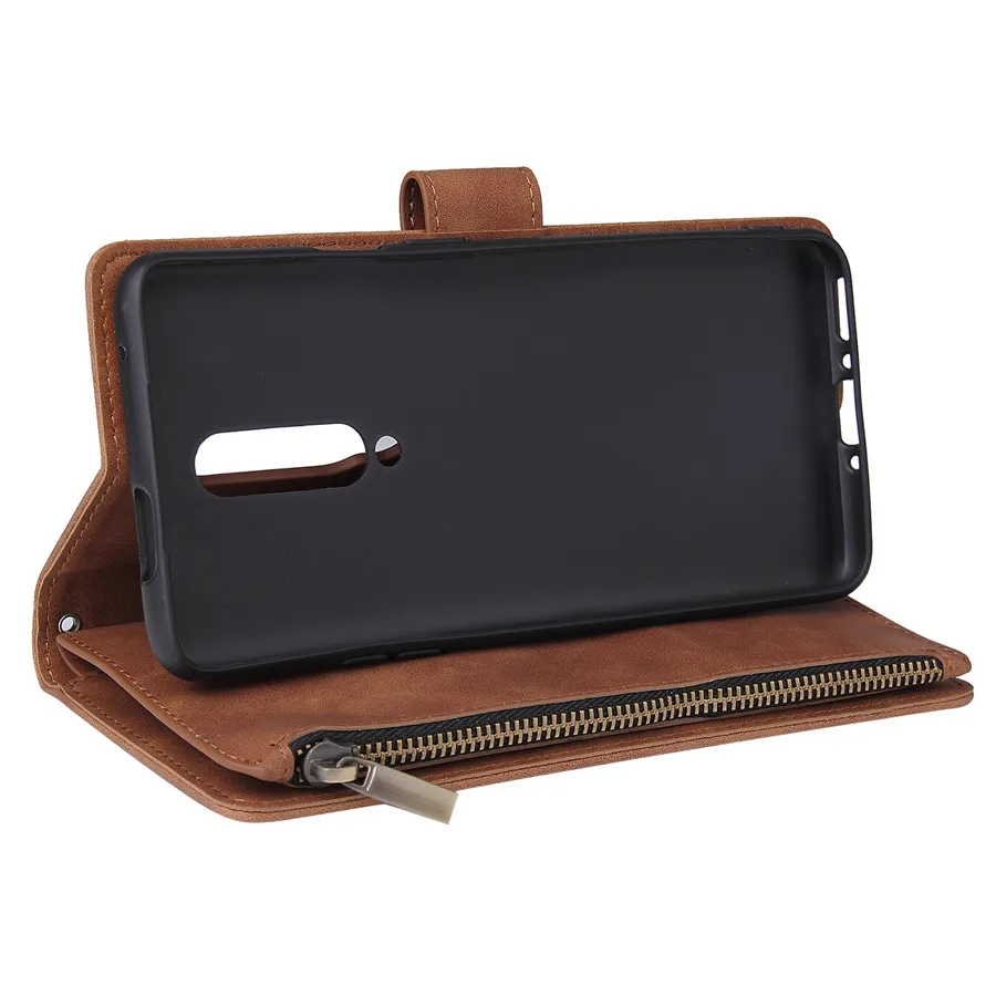 

For Oneplus 7T Pro Case Retro Zipper Wallet Leather Case For One Plus 7 Pro 7T Magnetic Flip Case Multi Card Slots Cover Coque