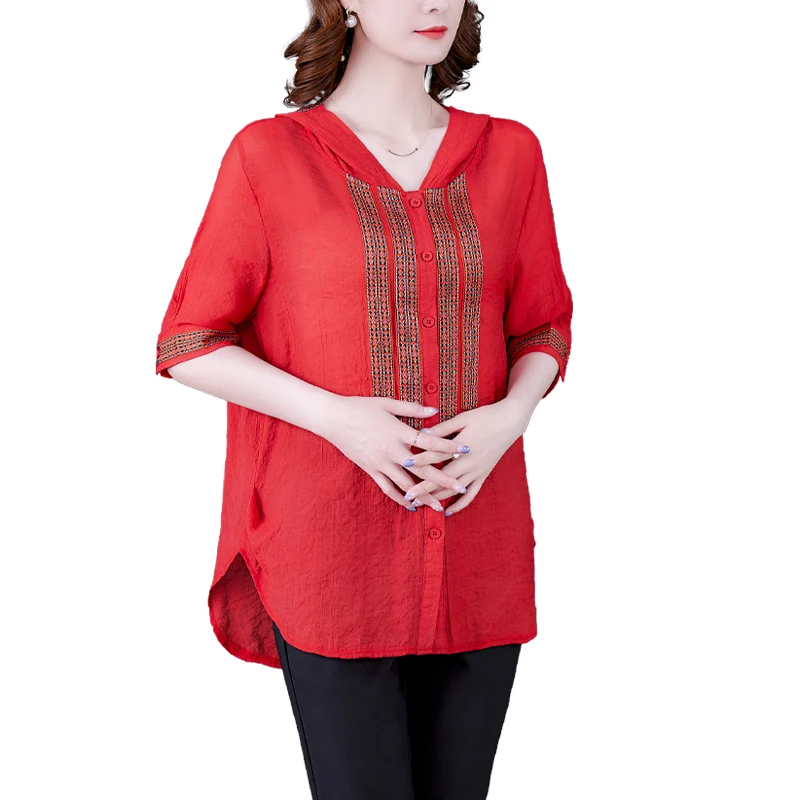 

COIGARSAM 4XL Plus Size National Wind blouse women New Summer Hooded Half Sleeve Embroidery blusas womens tops and blouses Red