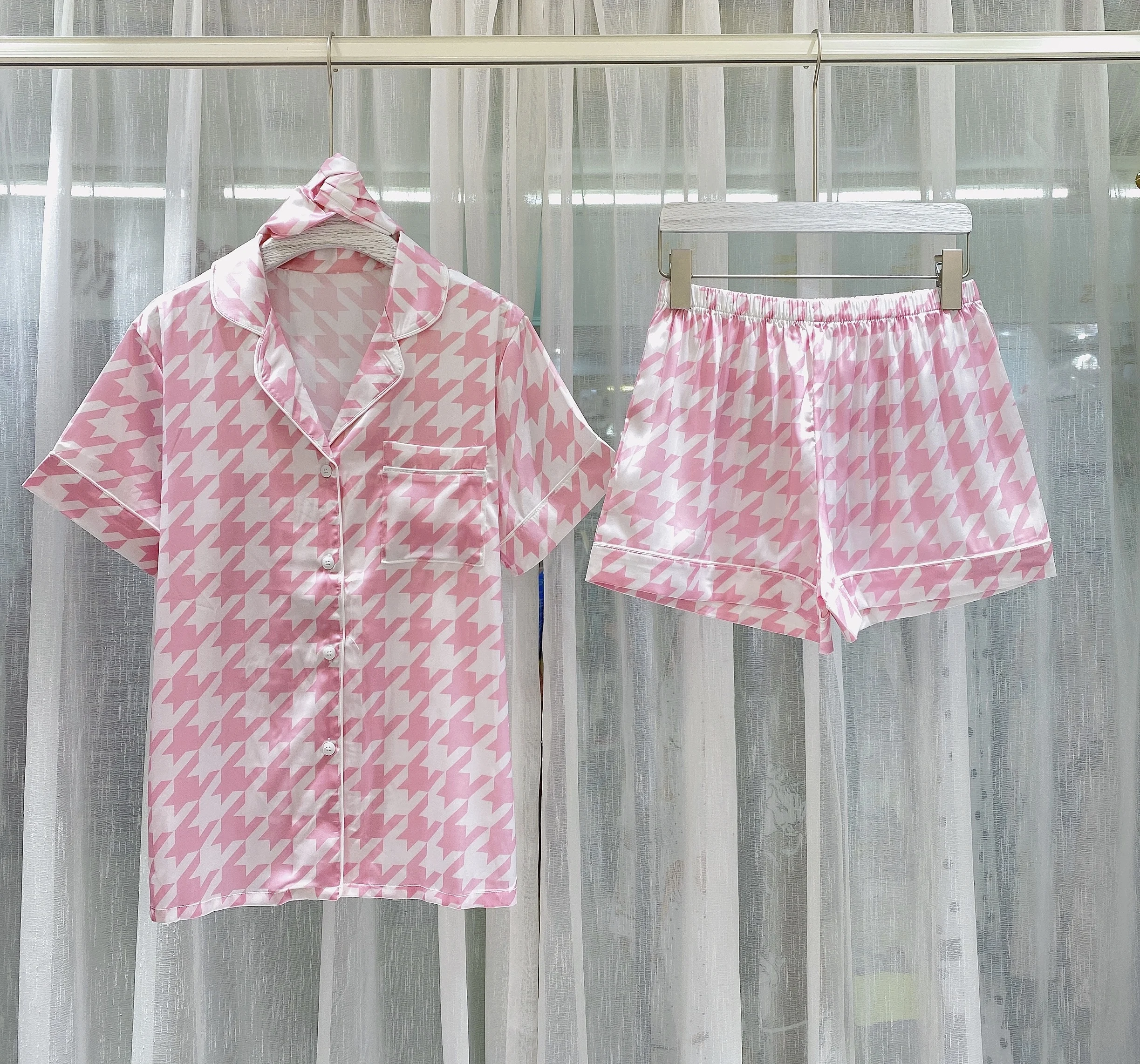 

JRMISSLI Summer Printing Houndstooth Pajamas Turn-down Collar Satin Loungewear Women Pijama Sexy Lingerie Pyjamas Home S