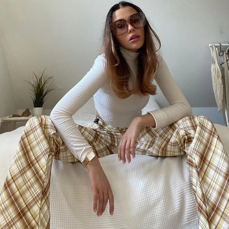

Korean Style Fashion Casual Women Y2K High Waisted Plaid Straight Long Pants E Girl Aesthetic Trousers Female 90s Cargo Pants