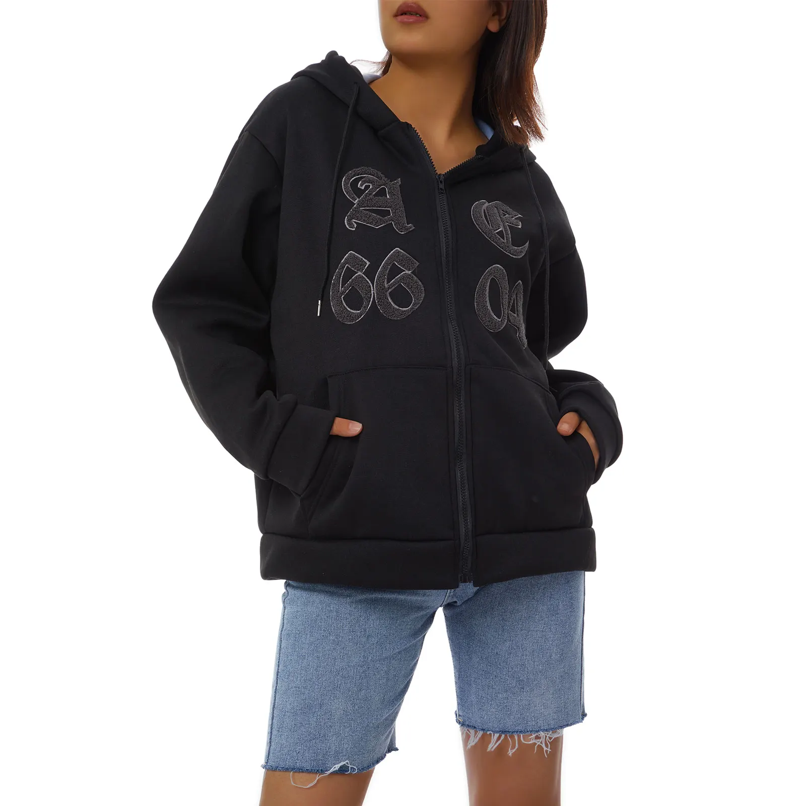 

Women Hooded Jacket with Pockets Ladies Letter Printing Casual Style Smooth Zipper Spring Clothing