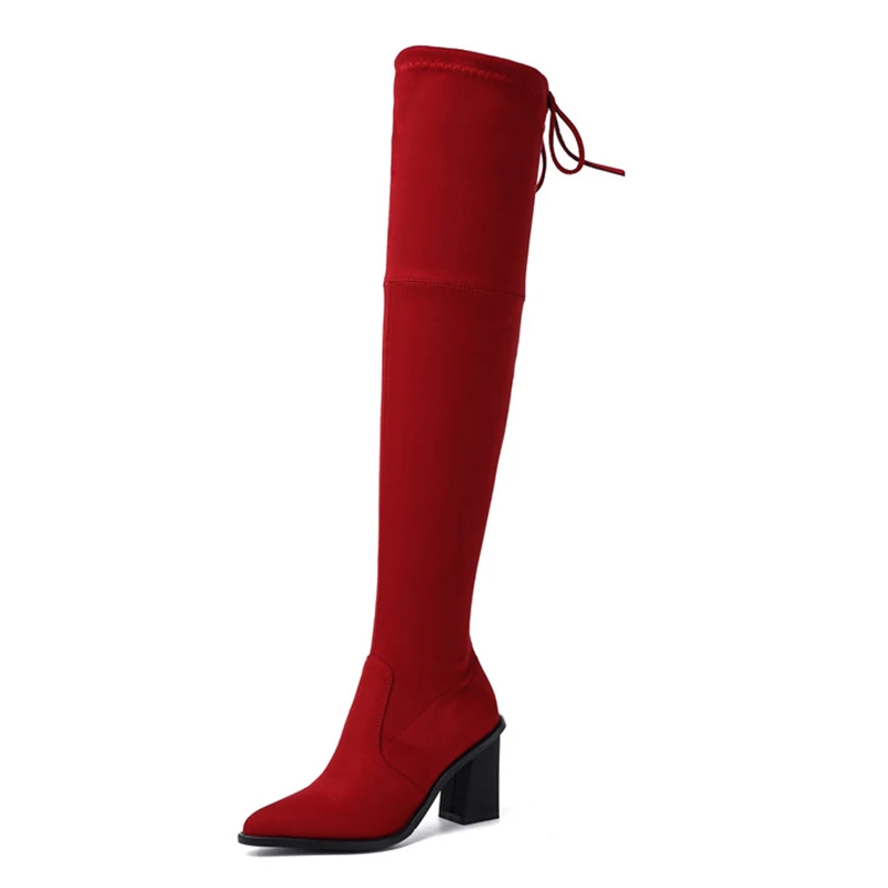 Lucyever Sexy Slim Elastic Flock Over The Knee Boots Women 2020 Autumn Winter High Heel Long Thigh Botas Mujer Big Size | Обувь