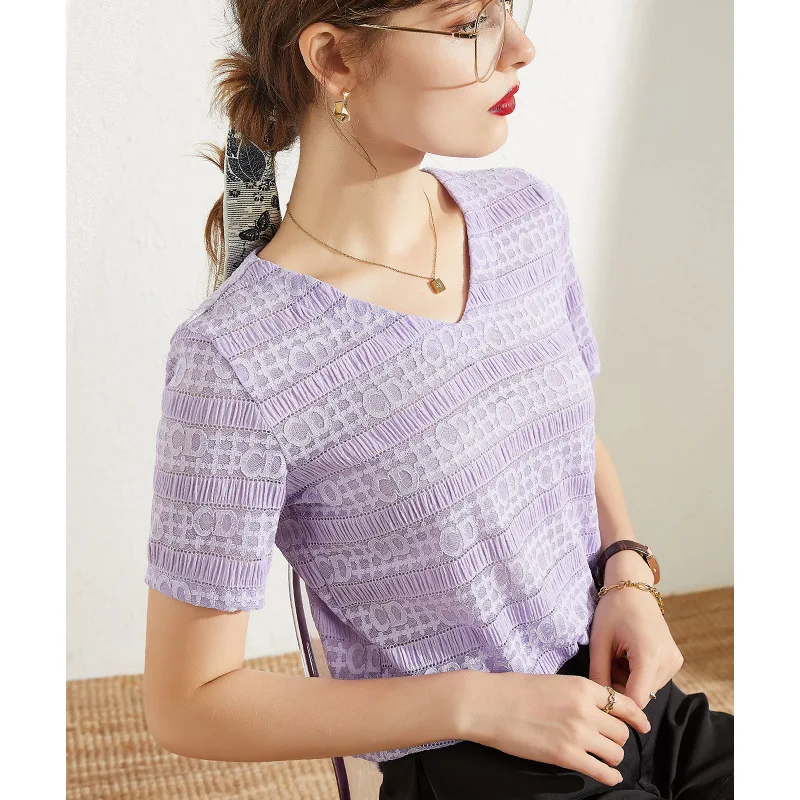 

S to 2XL Short Sleeve Women Lace Tee Shirt Tops Plus Size Summer Casual V-Neck T Shirt Fashion Style Big Size